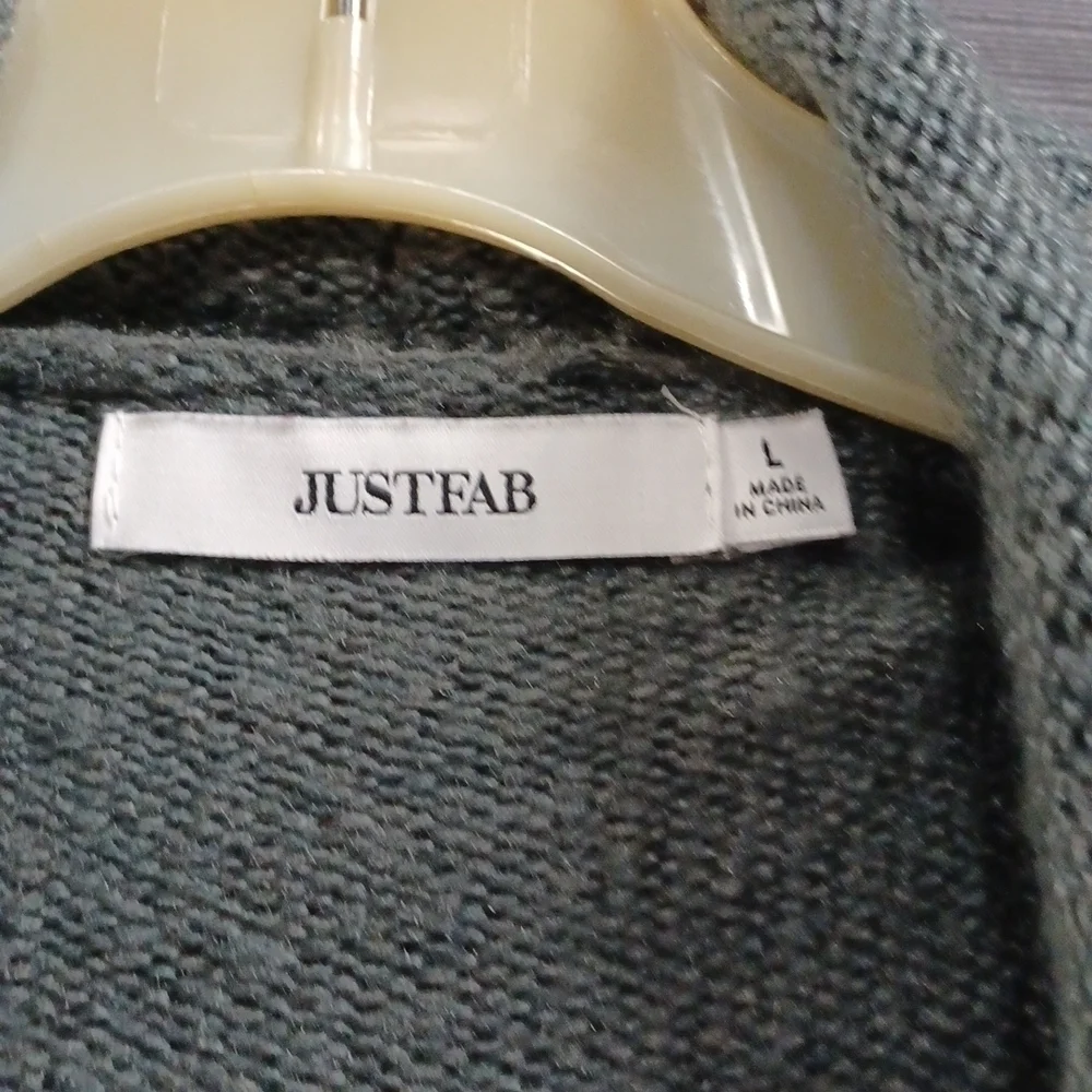 JustFab long sweater Size L gray green 20.5 chest, 34 length gently worn